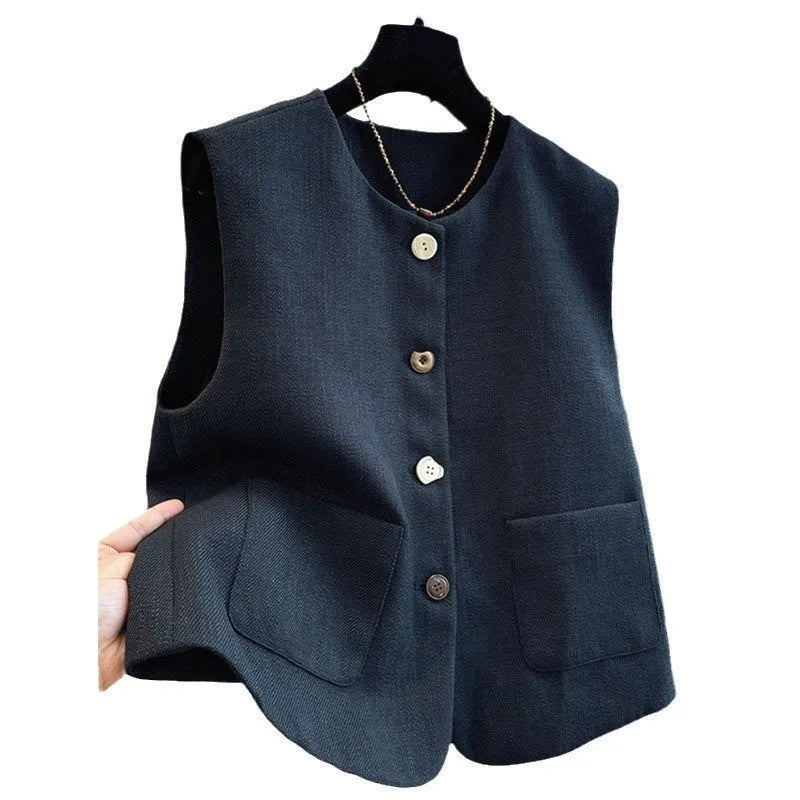 French style round neck sleeveless bandage vest in polyester fabric