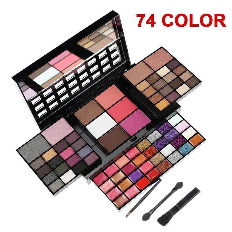 74 colour makeup palette with four layers showing eyeshadows, lip glosses, blush and contour powders with brush set