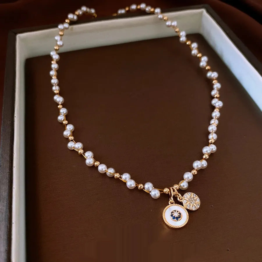 Golden-white real gold electroplated necklace with round zircon pearl pendant on clavicle chain