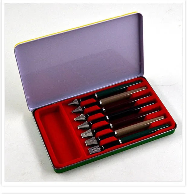 Right Point 7-piece calligraphy parallel pen set with stainless steel nibs and black ink, tip widths 2MM to 11MM