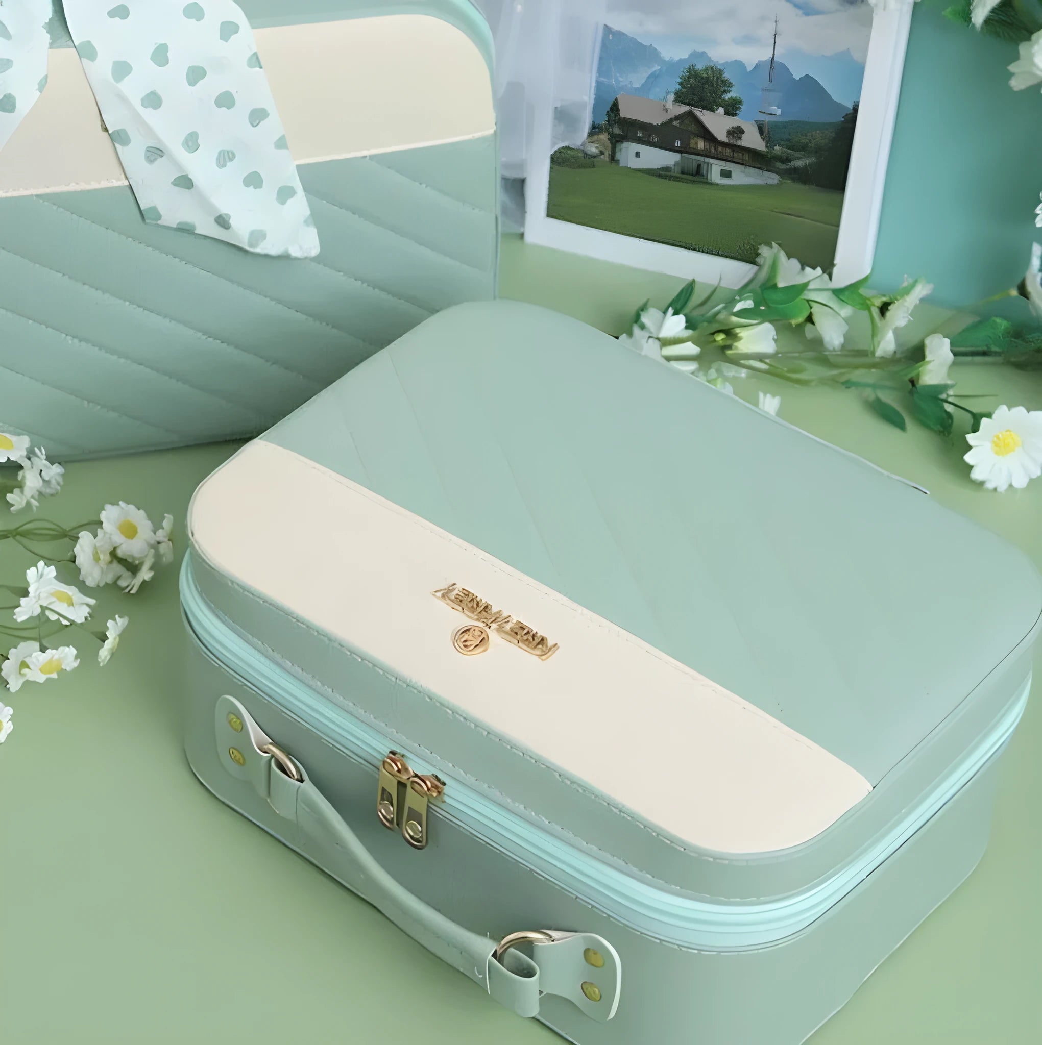 Green leather blind box luggage in business style, set of one piece for kids