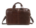 Brown 18 inch men's leather business briefcase open to show polyester cotton lining
