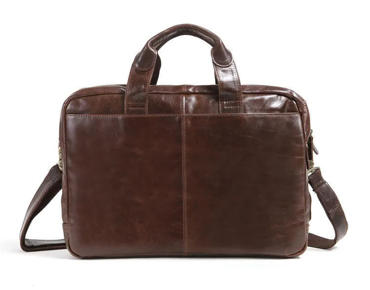 Brown 18 inch men's leather business briefcase open to show polyester cotton lining
