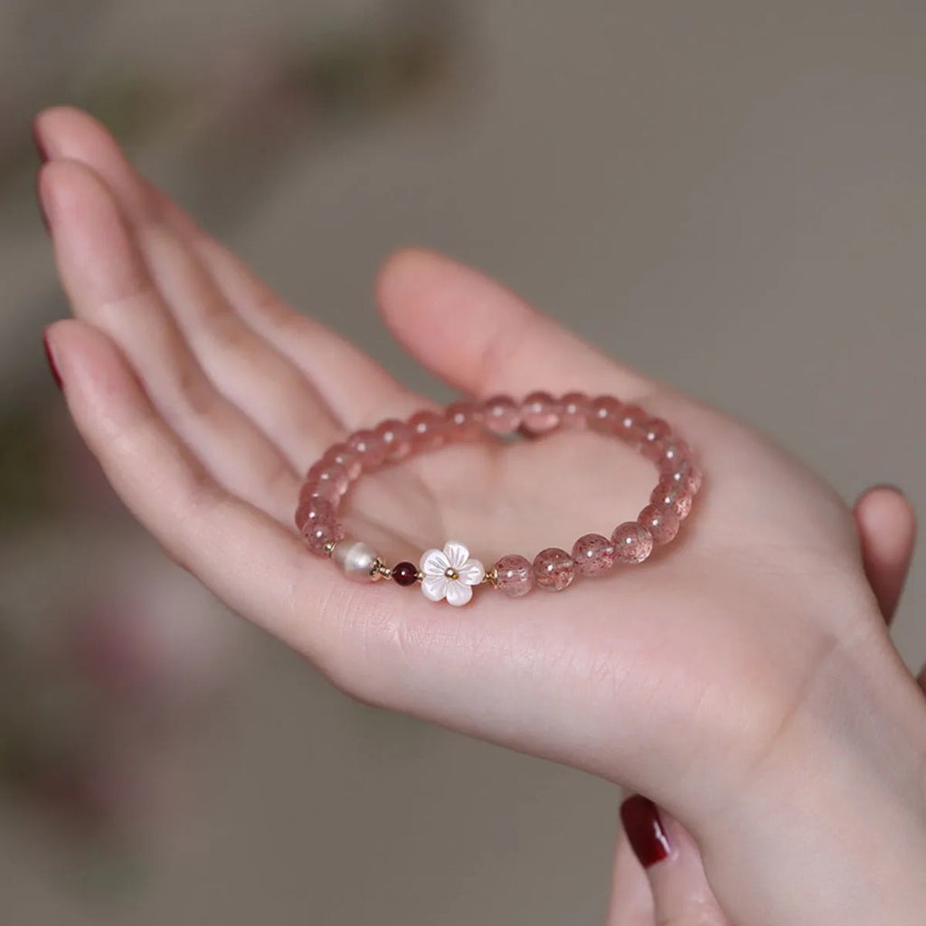 Strawberry quartz crystal bracelet with peach blossom flower design for women's casual wear
