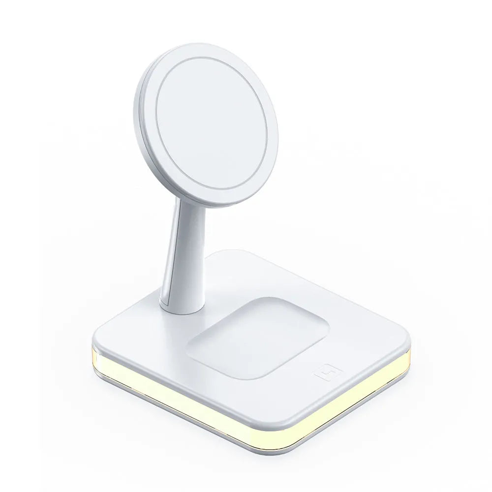3-in-1 wireless charger magnetic bracket charging smartphone, watch, and earbuds on a desk