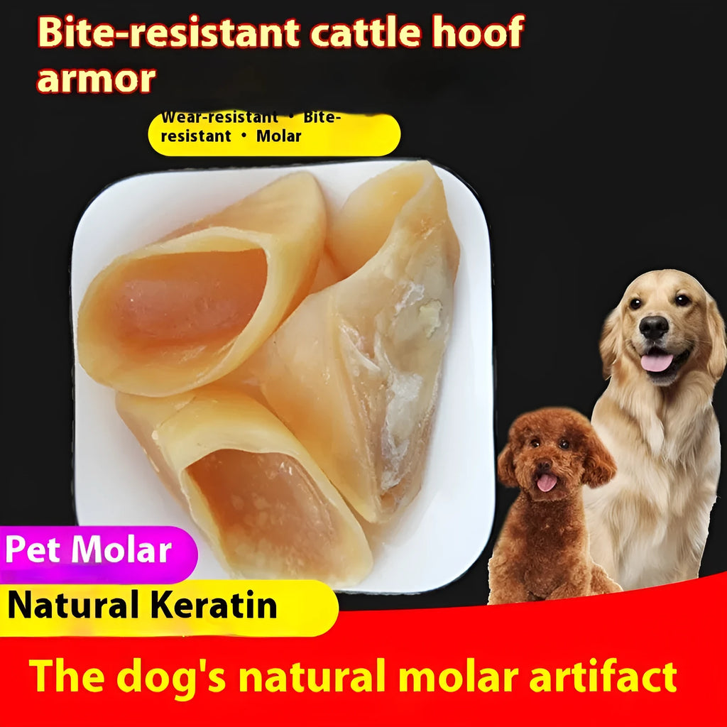 Natural cowhide anti-bite dog chewing rod in hoof shell colour, shown in small and large sizes.