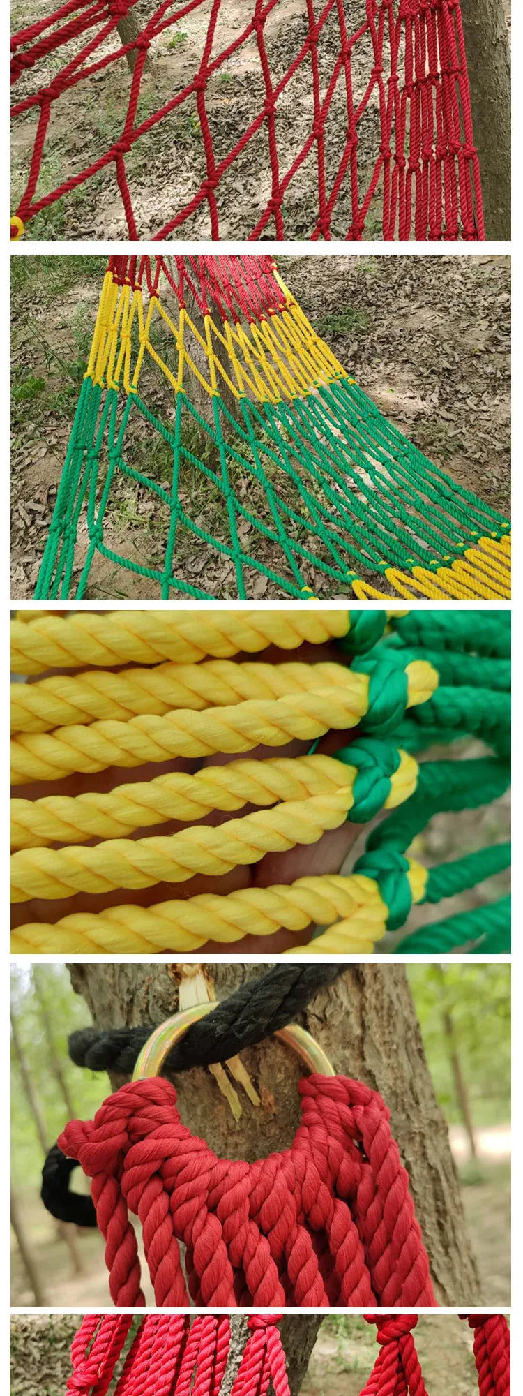 Nylon rope mesh hammock with open weave pattern showing 1.1m width and included tying rope