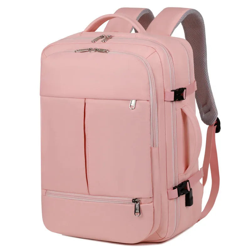 Waterproof Oxford cloth backpack in colour options showing multiple pockets and zippers, sized for a 15.6 inch laptop.