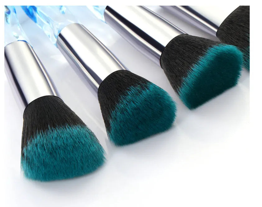 Ten crystal-handle foundation brushes with artificial fibre bristles in black, blue, red, and yellow colour options