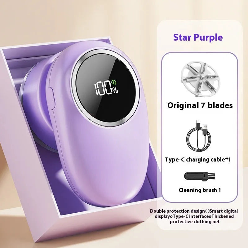 Beige and purple digital fur ball trimmers with USB-C charging cable and multiple cutter heads on a fabric surface