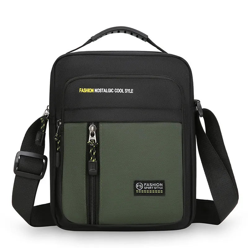 Men's casual outdoor nylon messenger bag in crossbody style with visible sewing details