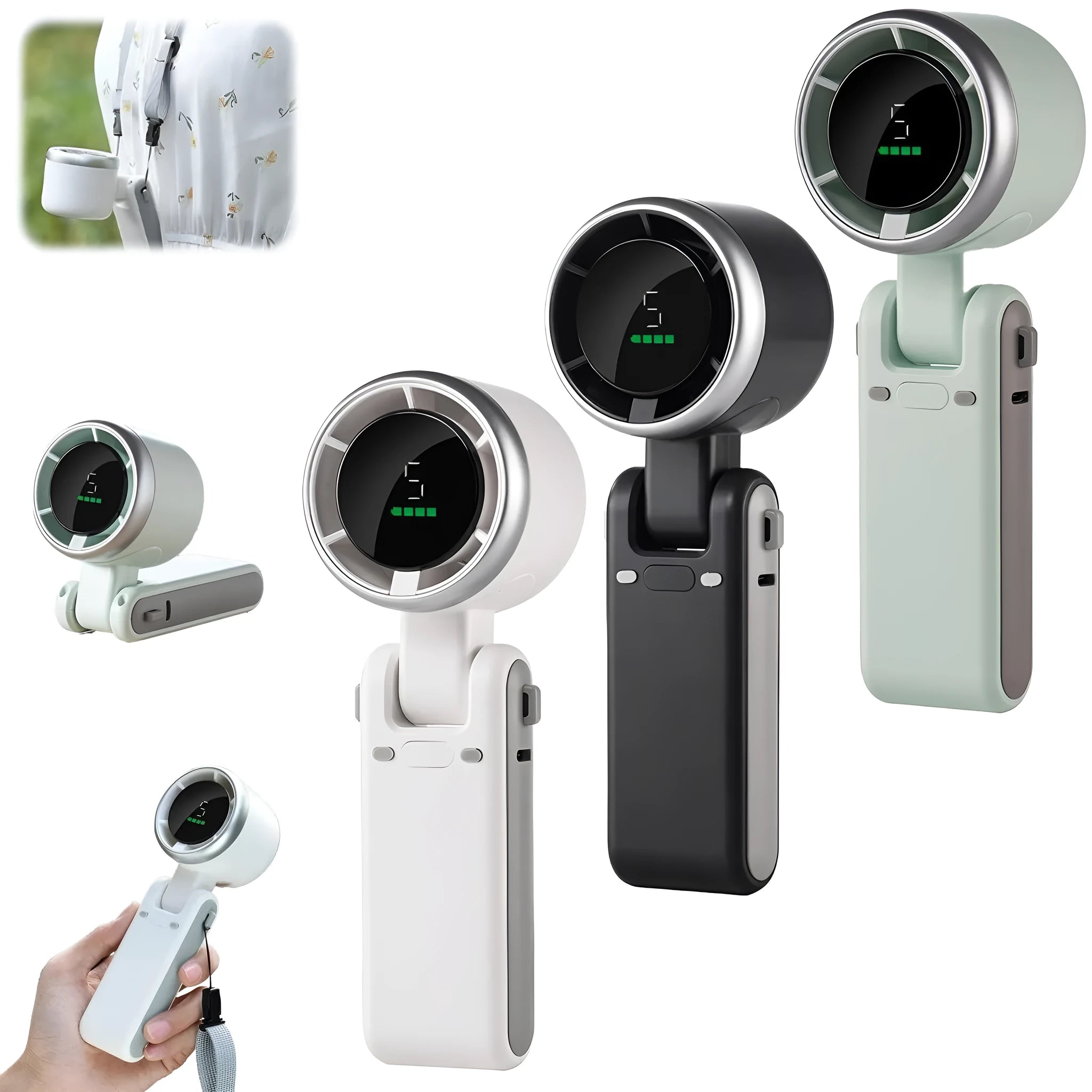 Mini hand-held folding fan in black and gray, rotated 180 degrees, showing plastic body and compact size