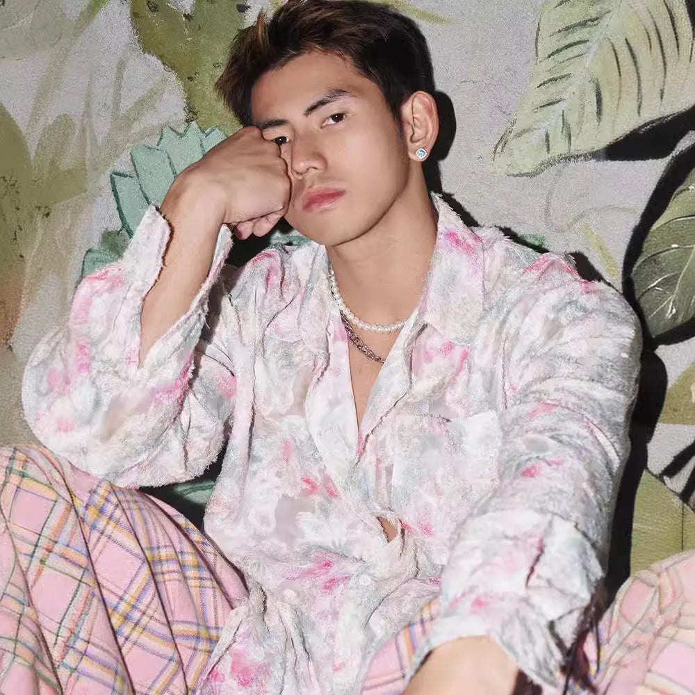 Long sleeve floral shirt with embossed three-dimensional pattern in polyester blend fabric