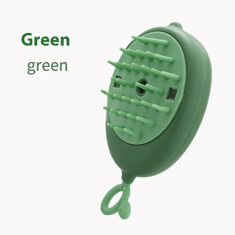 Avocado green handheld pet spray massage brush with rotating bristle head and bottle of essence.