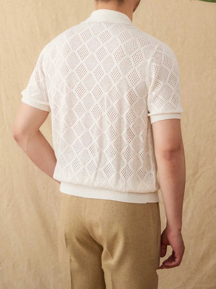 Light coffee coloured cotton cardigan with zip front closure and lapel collar showing short sleeve design