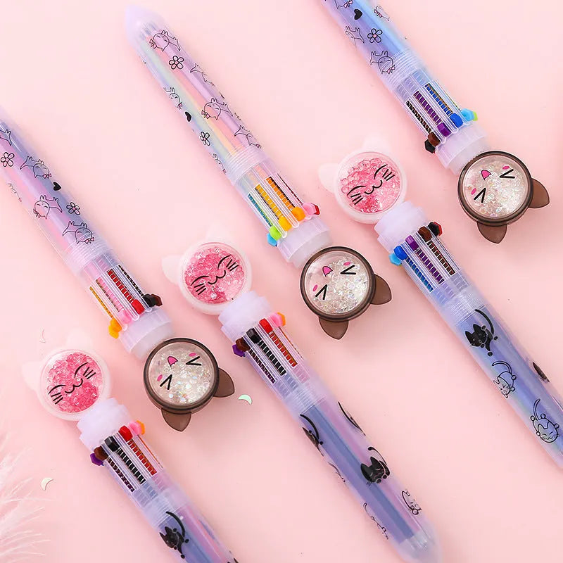 Push-type plastic pen with cute cat design, 15cm long, 0.5mm tip.