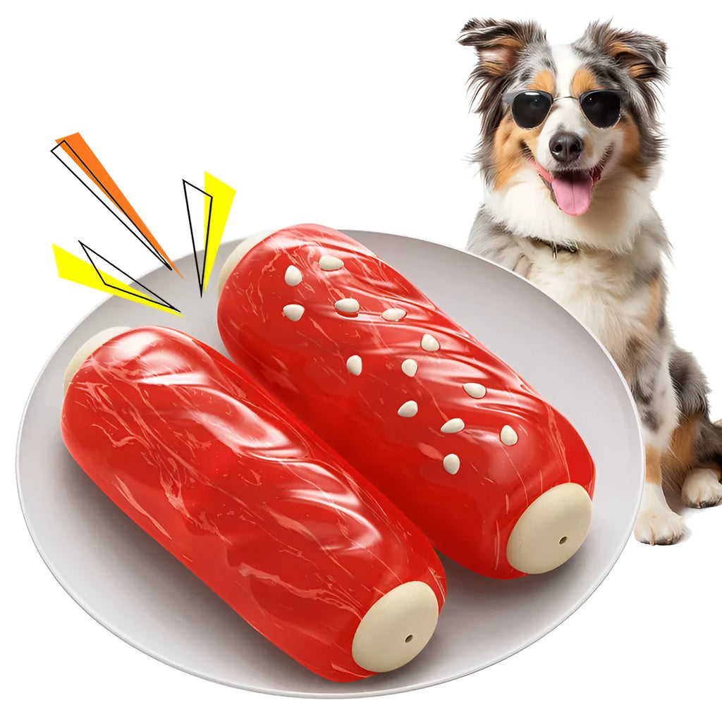 Primary colour plastic dog chew toy with molar rod design and toothbrush texture pattern