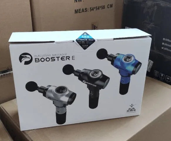 Black and white deep tissue massage gun with adjustable speed settings on display.
