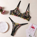 Floral patterned mesh bra and T-back underwear set in a skin colour, showing steel ring detail.