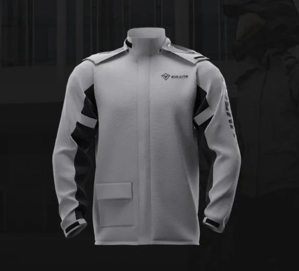 Motorcycle raincoat and rain trousers set in a colour option, with hidden shoe covers and storage bag.