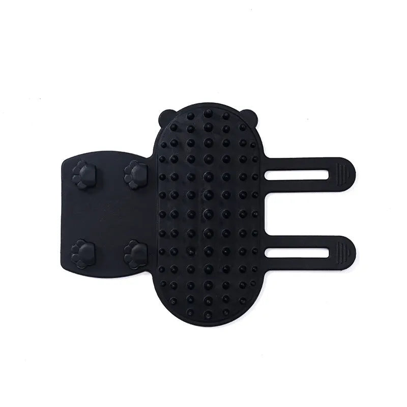 Silicone cat grooming brush mounted on table leg with adjustable strap, available in four colours