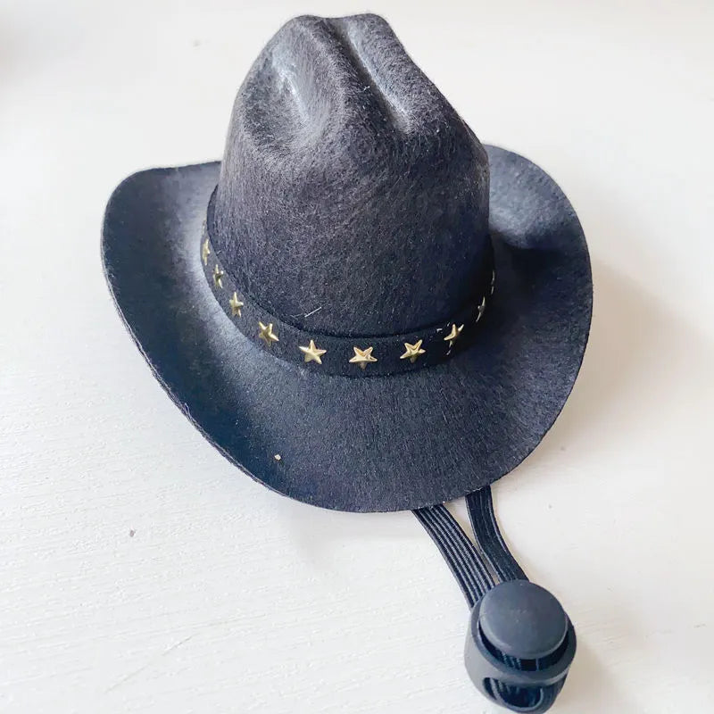 British-style brown cowboy hat for a cat with a black ribbon trim on a white background.