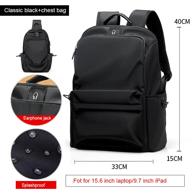 Fashion Simple Travel Bag Trendy Cool Male College Student Computer School Bag in black Oxford spinning fabric
