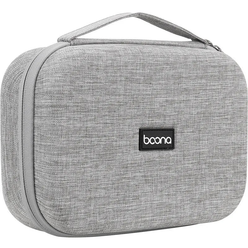 Gray multifunctional digital storage bag for data cable headset charger made from EVA material with sewing, holding cables and a charger