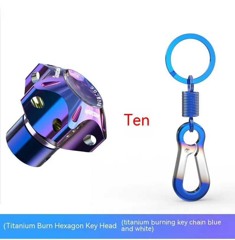 Motorcycle key covers in hexagonal, pentagram and plum blossom designs with blue and white keychains