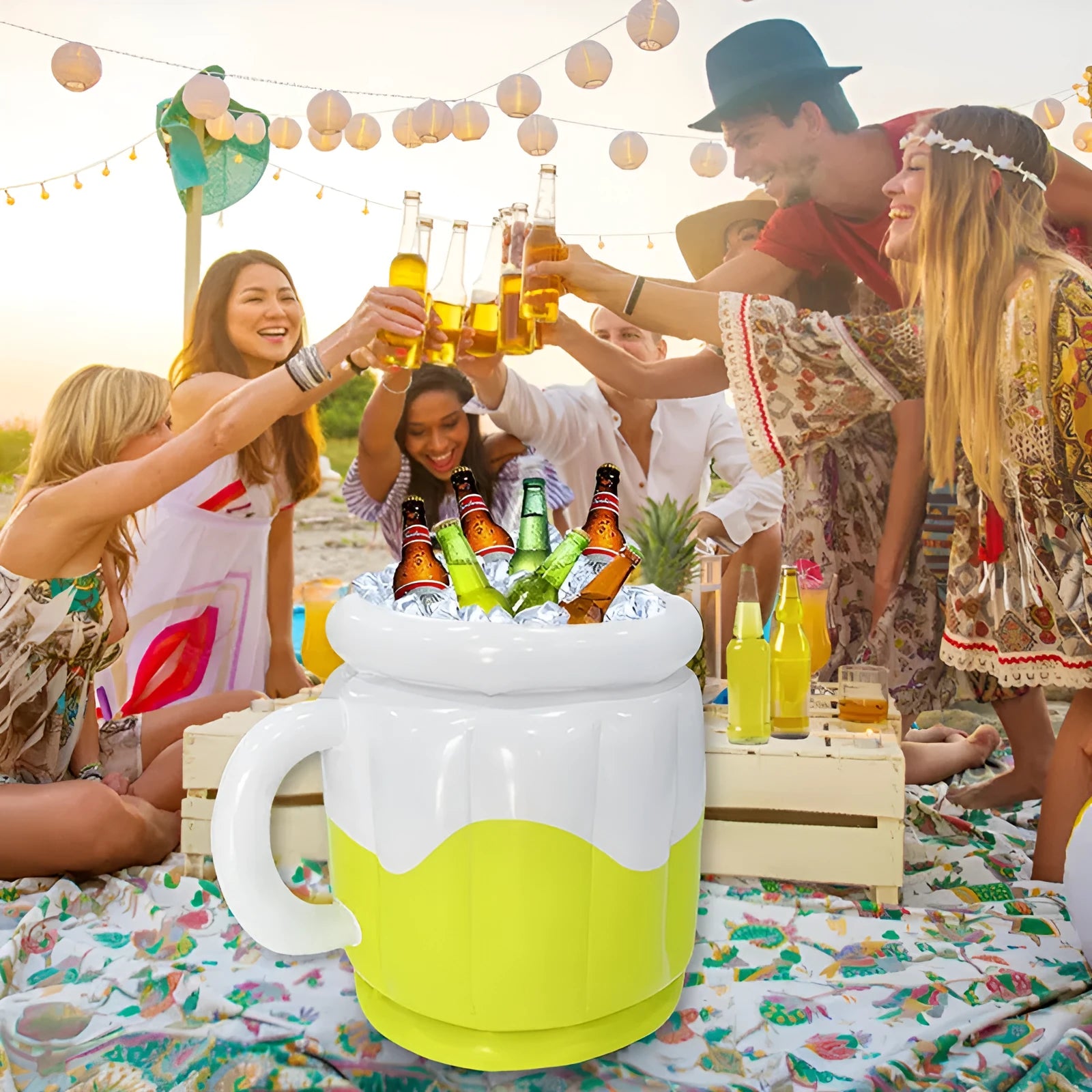 Yellow inflatable ice bucket with beer steins design for outdoor parties and camping