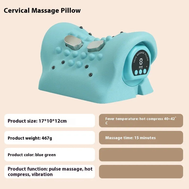 Blue-green portable neck massage pillow with hot compress and EMS therapy functions