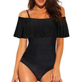 Black one-piece swimsuit with cut-out sections and ruffled strap detailing, tube top style