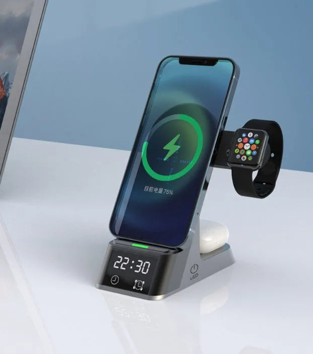 Black six-in-one wireless charging alarm clock with phone pad, Apple Watch dock, and earphone cradle.