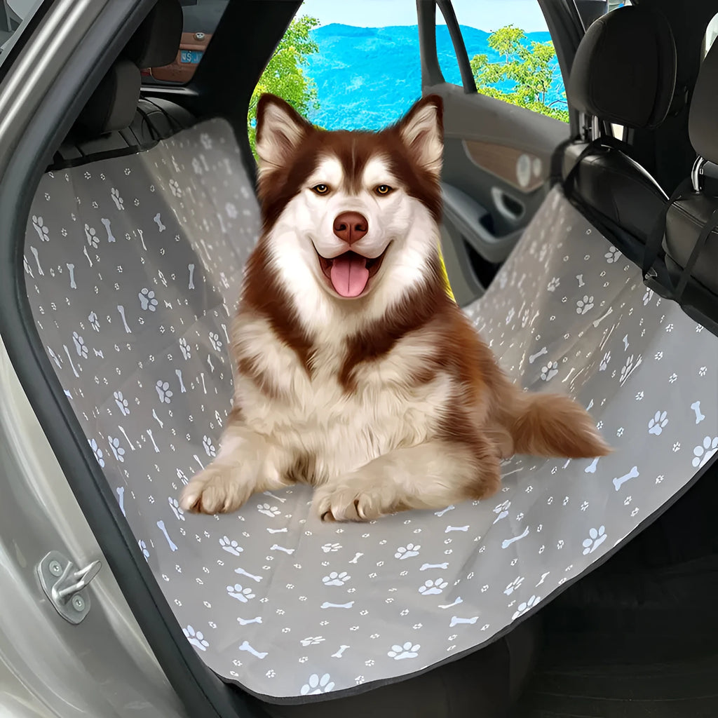 Cloth car pet mat for rear seat protection, shown in a dog bone print design on a grey background.
