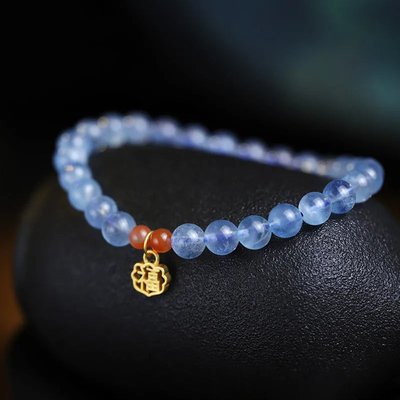 Women's natural ice transparent aquamarine crystal blessing card bracelet with 8mm round beads.