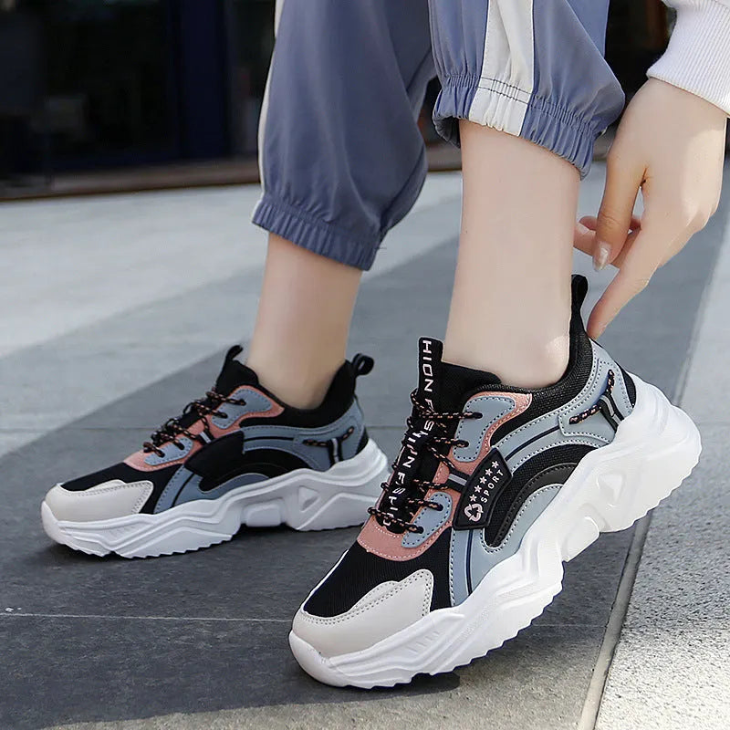 Women's white mesh sports shoes with buckle closure and round toe