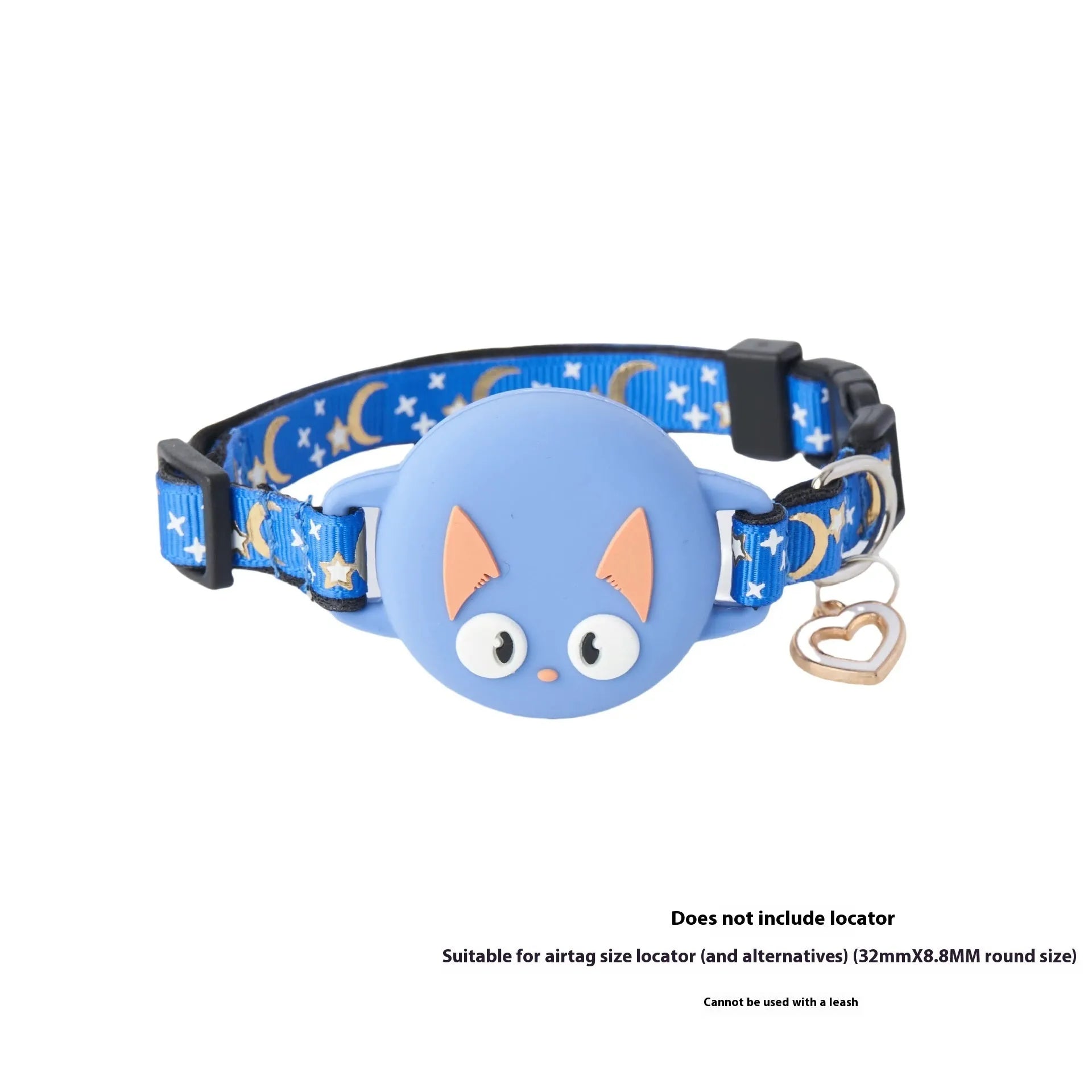 Plastic Airtag protective case for a cat collar in blue, shown next to a collar.