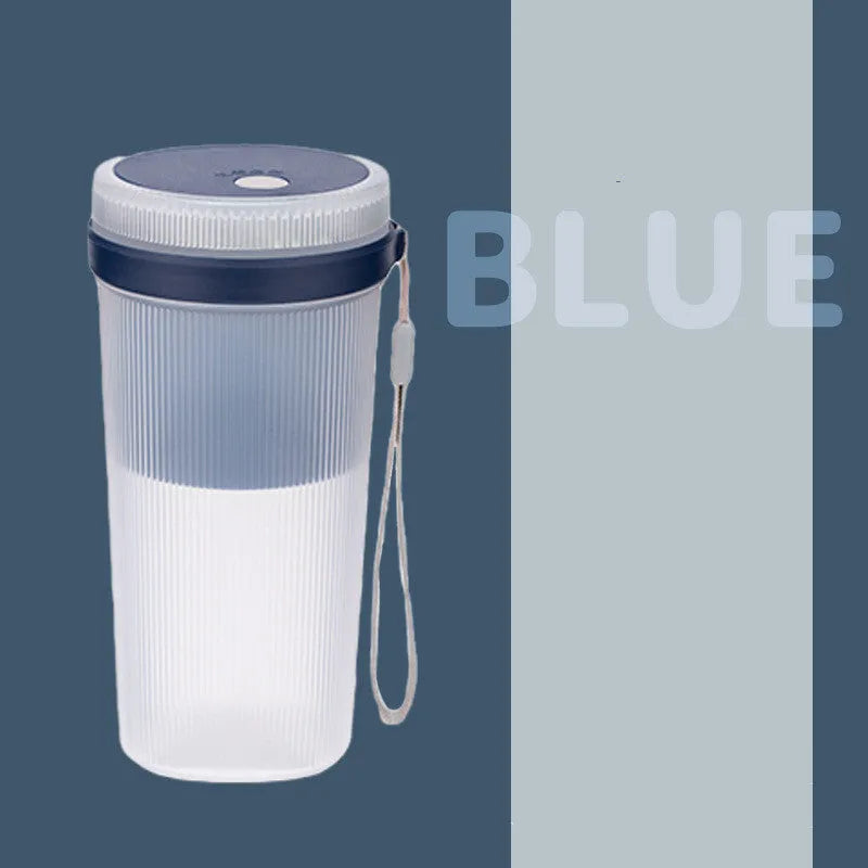 Portable electric blender cup in blue, green, or pink with USB charging cable.
