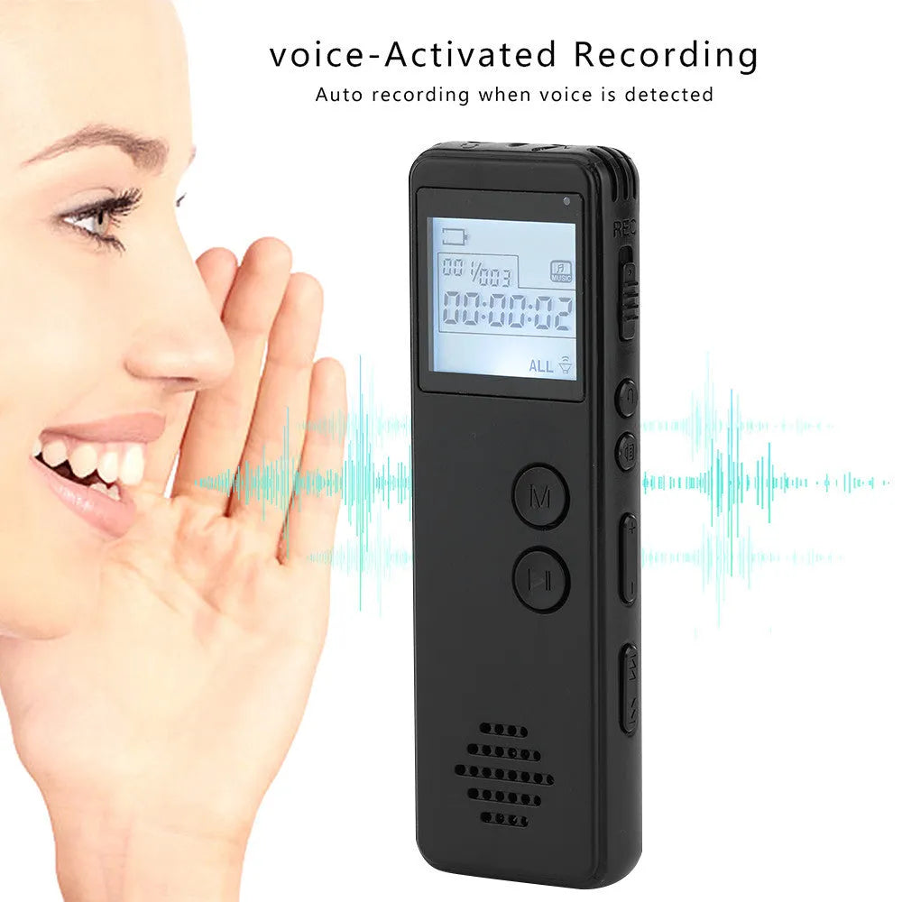 Matte black MP3 digital voice recorder showing screen, one-key recording button, and 3.5mm jack.