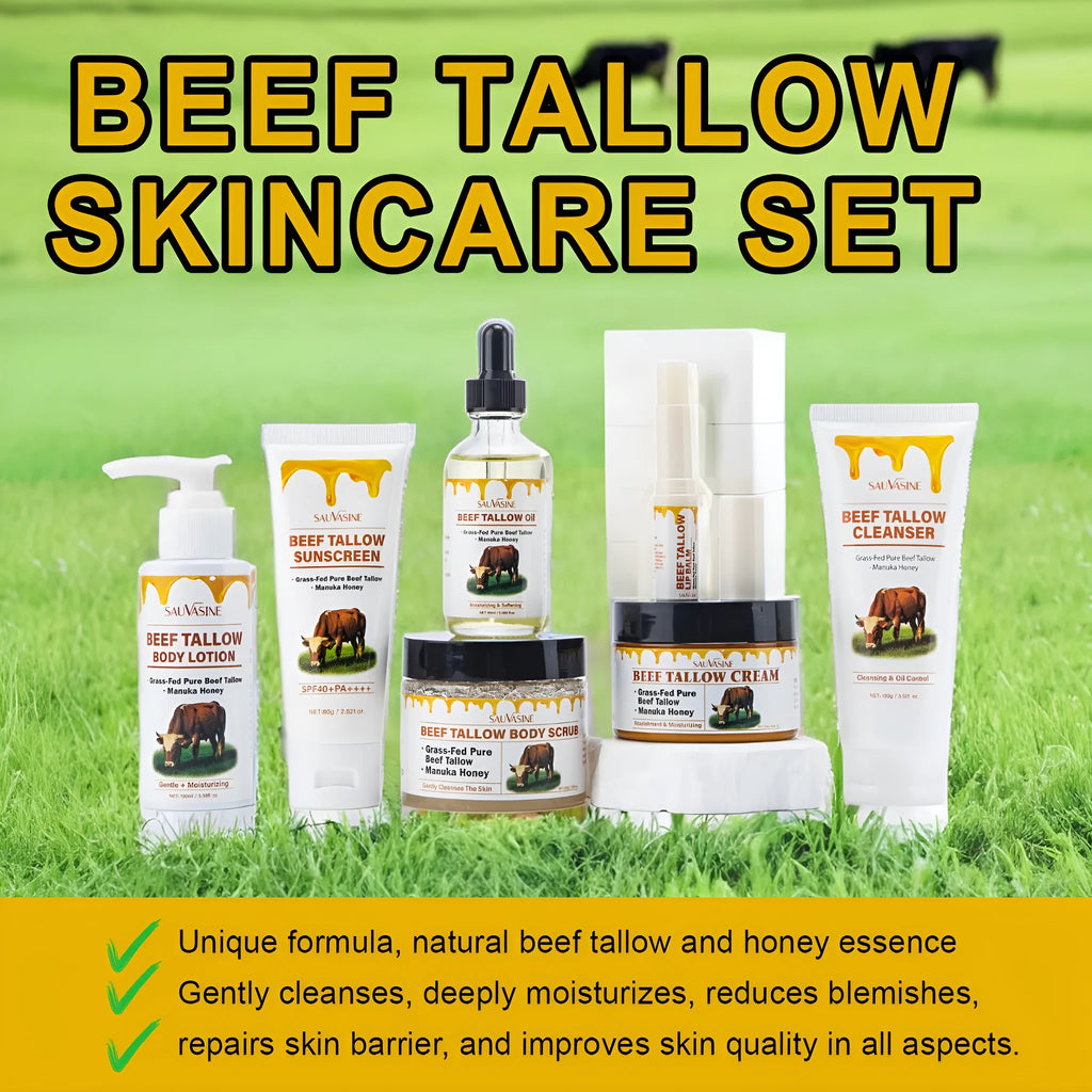 Butter Honey seven-piece skincare set including facial cleanser, face cream, lip balm, protective cream, body lotion, and facial scrub.