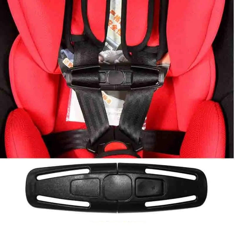 Black nylon seat belt buckle clip for child car seats, dimensions 14.5cm by 4cm.