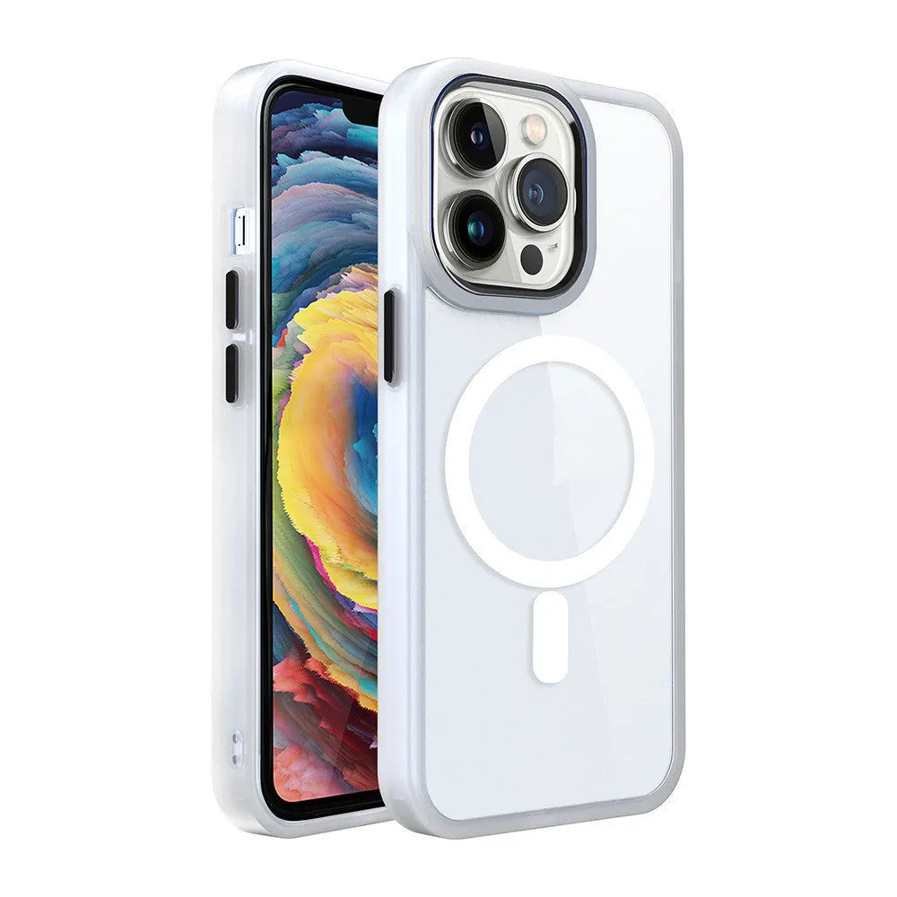Magnetic transparent silicone phone case for iPhone on a magnetic car mount, shown in a plum red colour.