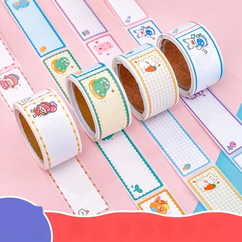 Roll of cartoon tape name stickers with dinosaur, astronaut, rabbit, or girl designs - 60 adhesive labels per roll