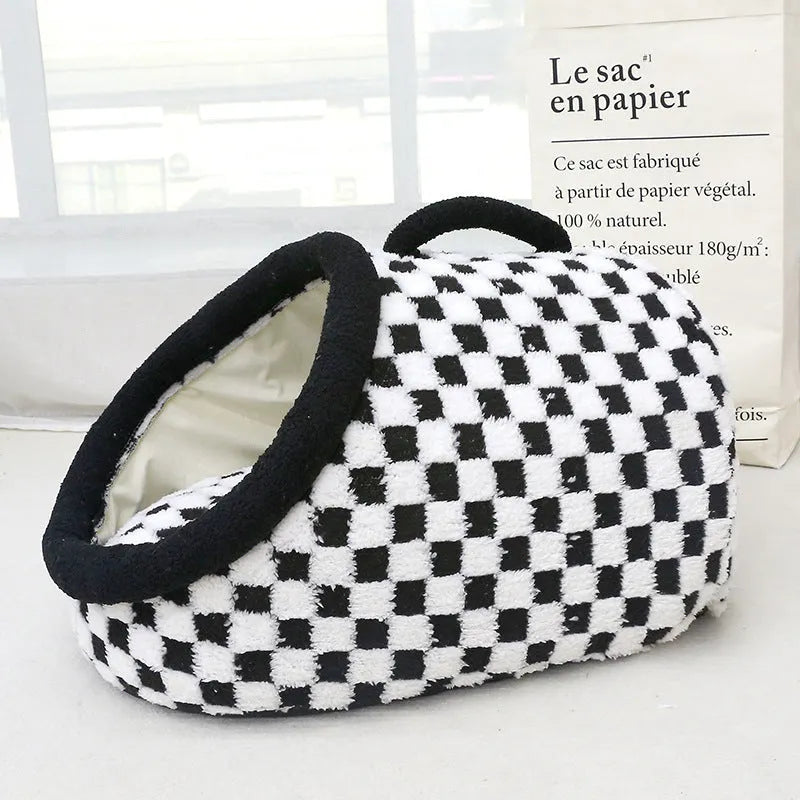 Four Seasons semi-enclosed dog bed in chessboard yellow, cloth material, 42x30x25cm size, for indoor use