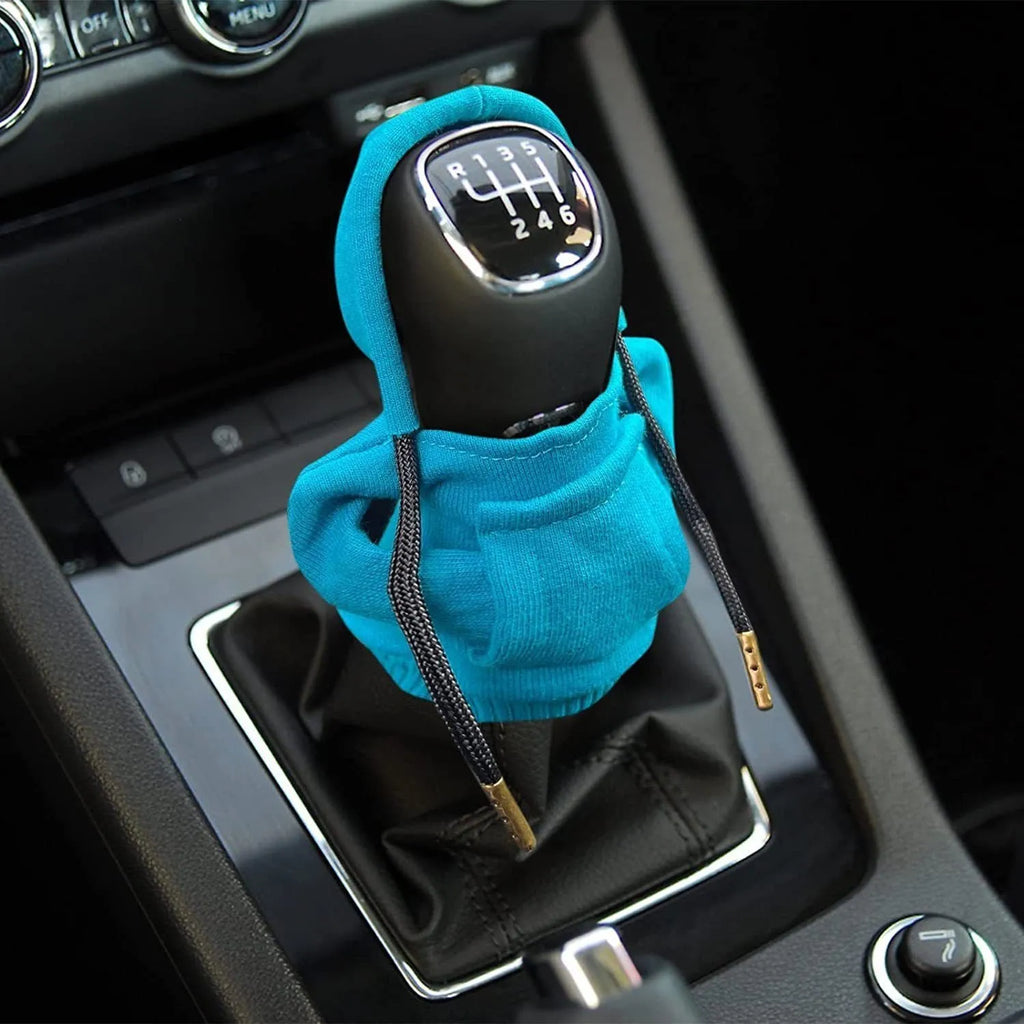 Cloth gear shift knob hoodie cover in assorted colours showing 13x8cm size for manual and automatic cars.