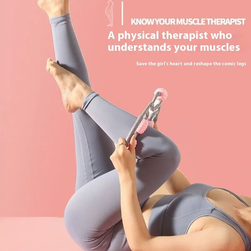 Close-up of a manual leg massager roller with a ring-clip handle and multiple plastic wheels.
