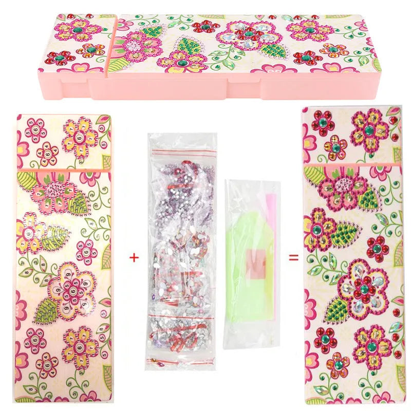 DIY diamond painting pencil case kit with PU leather wrist bag, resin drill bits, and diamond chips, 10 colour options, 200x150x10mm