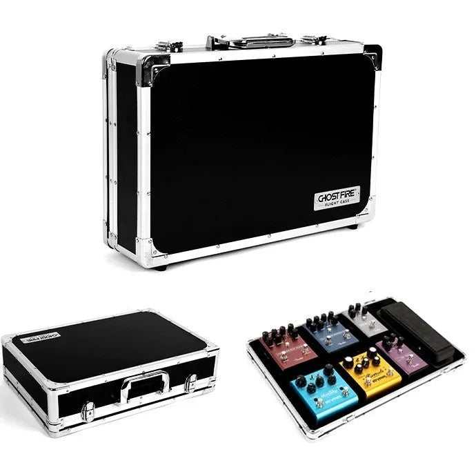 Black aluminium flight case for single guitar effect pedal with removable lid and reinforced corners