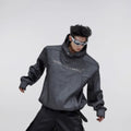 Men's black hooded sweater with metal 3D printing design and structured shoulder pads.