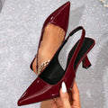 Wine red stiletto heel pointed toe closed toe sandals with elastic band on white background